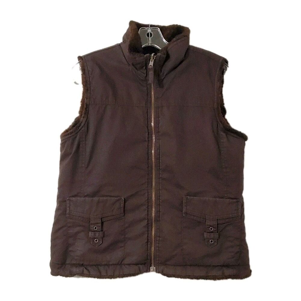 OLD NAVY Womens Sz Med Reversible Vest Faux Fur Vest  Zip Up Brown Cotton Vest